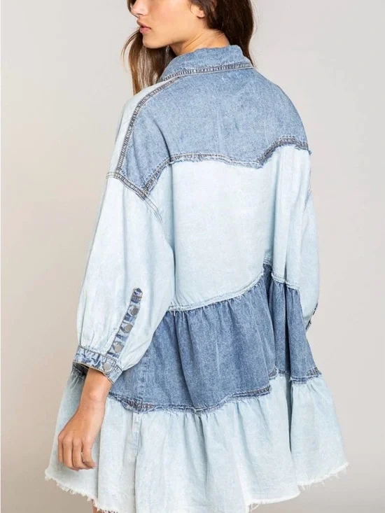 POL chambray Denim Babydoll Mini Dress Sz Medium Tiered Colorblock Overs - Picture 2 of 13